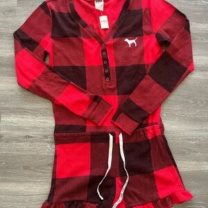 PINK Victorias Secret Buffalo Plaid Red Sleep Romper One Piece Long Sleeve Sz M